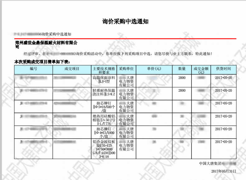 盛世金鼎中标大唐集团浇注料项目